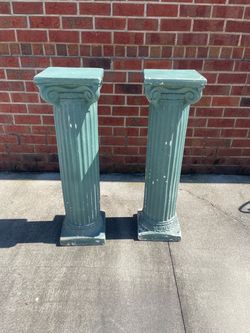 Tall Painted Two Green Classic Columns with Fluted Shafts Neoclassical weathered Faux Concrete