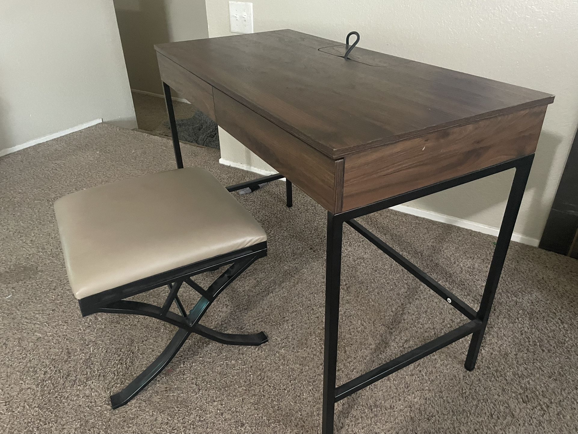 Dark Brown Wood Desk With Charging Station