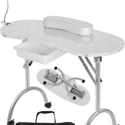 Portable Manicure Nail Table, Foldable Manicure Table with Drawer, LED Lamp, 4 Lockable Wheels and Carry Bag