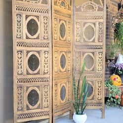 Vintage Ornate Hand Carved 3 Panel Wood Ornate Room Divider 