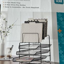 Metal File Organizer By Pen + Gear, Black; 3 Tier Mesh Tray, 5-Slot Wire File Holder