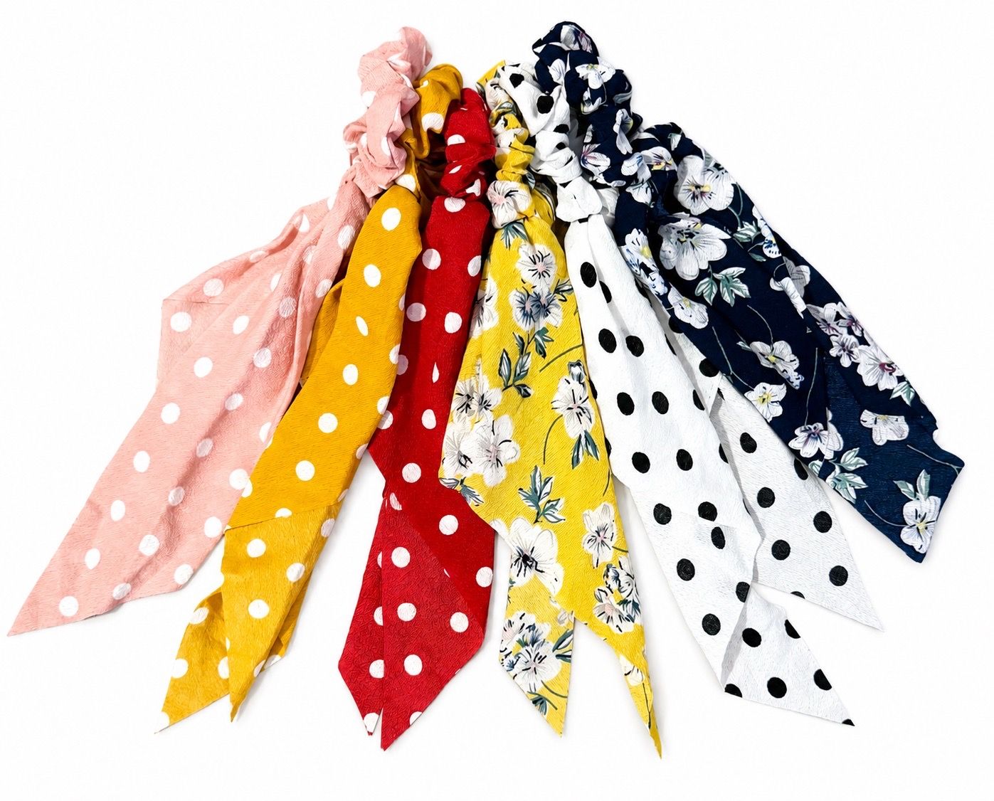 5-Pack Bow Scrunchie Hair Ties Set – Floral & Polka Dot Hair Scarves
