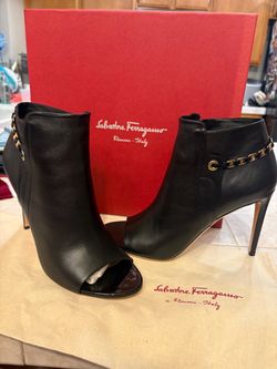 Salvatore Ferragamo Black Leather Open-Toe Booties 9.5