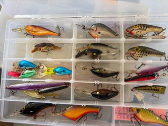 Box of new and used crank baits