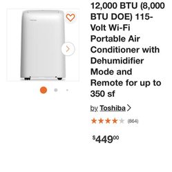Toshiba 12,000 BTU (8,000 BTU DOE) 115-Volt Wi-Fi Portable Air Conditioner with Dehumidifier Mode and Remote for up to 350 sf