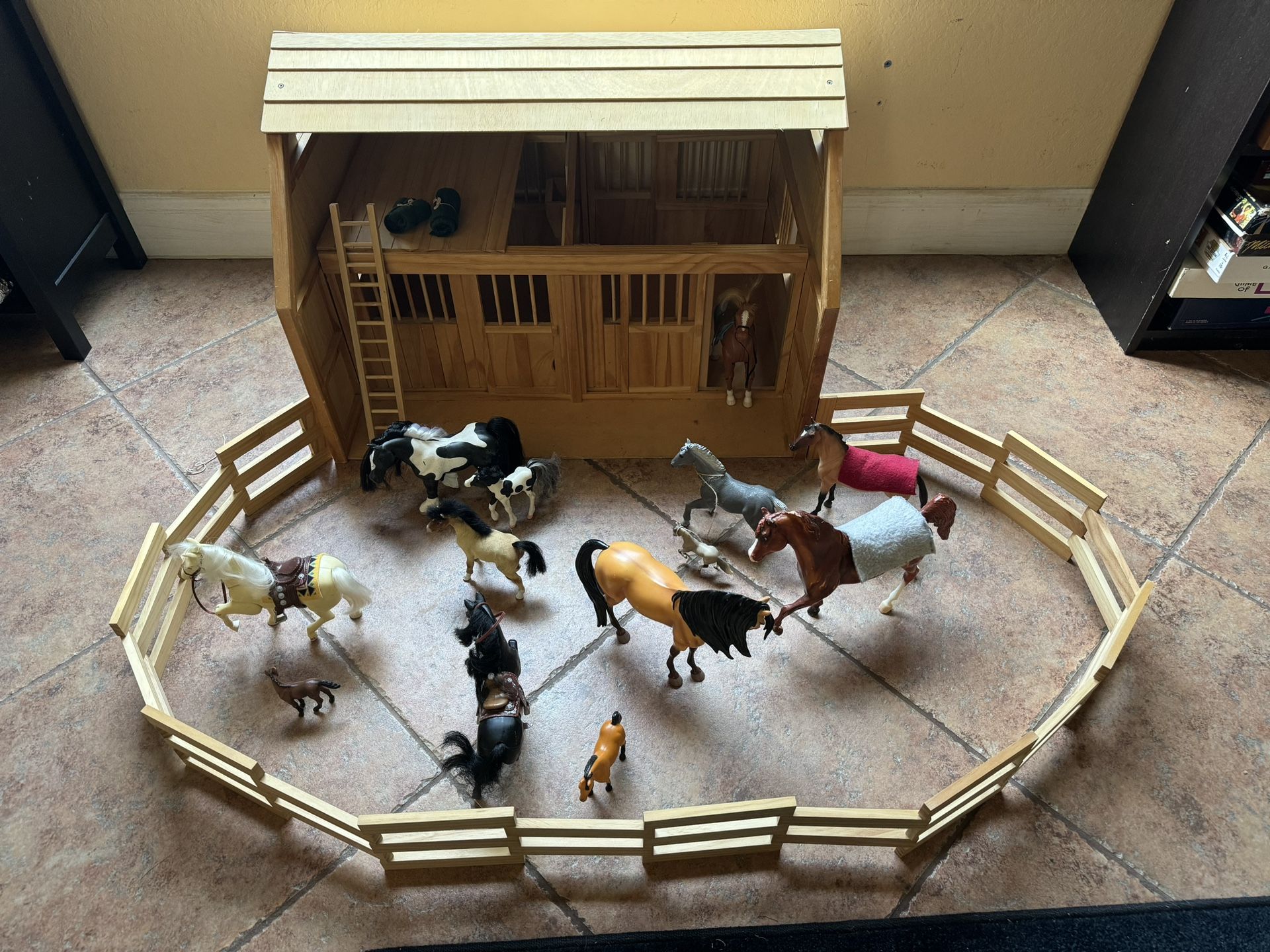 Toy Barn (wood, large) & 13+ toy horses