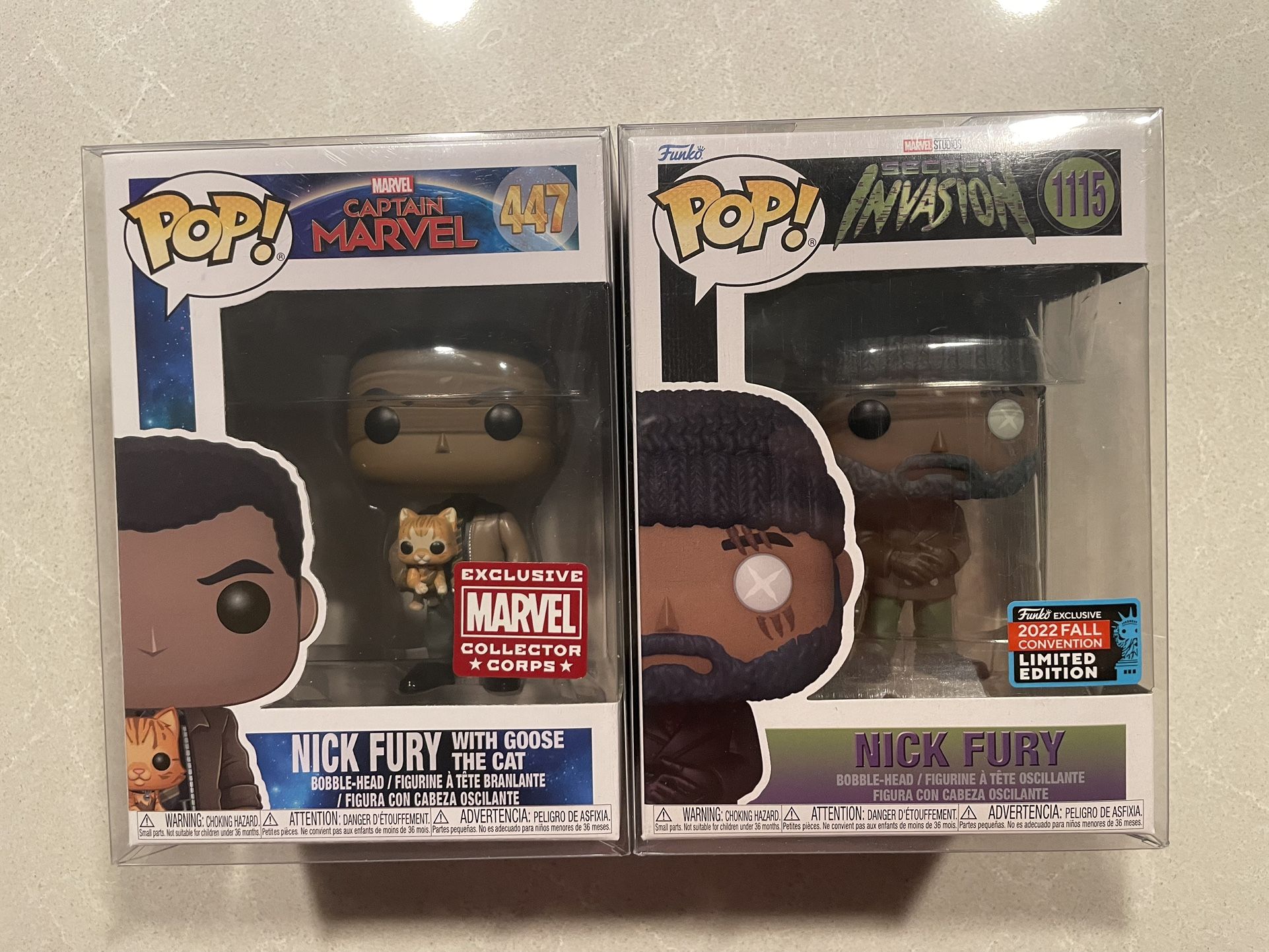 Nick Fury Funko Pop Set *MINT* 2022 NYCC Fall Convention MCC Exclusive MCU Marvel Secret Invasion 1115 with protector 447 Disney Captain Goose Cat