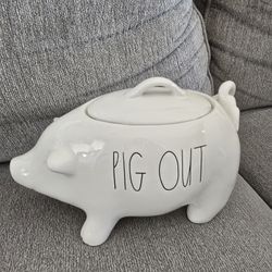 Brand New Rae Dunn Ceramic "PIG OUT" Canister Jar 11" W  x 5" D