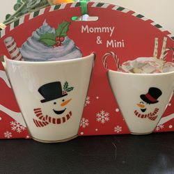 “Mommy And Mini” Large And Small White Snowman Mugs