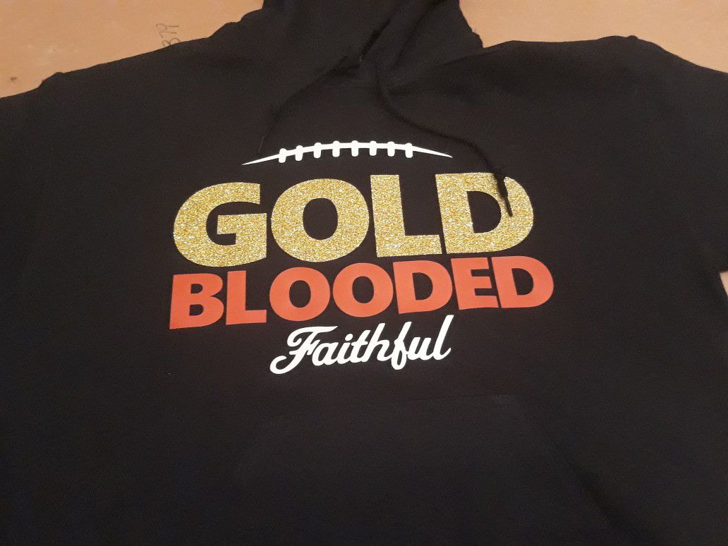 GOLD BLOODED FAITHFUL HOODIE. AVAILABLE IN BLACK OR RED HOODIE. VINYL HOODED JACKET. PULLOVER