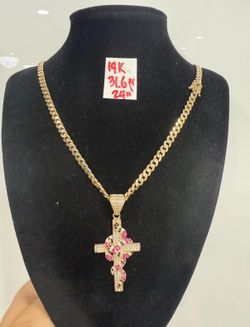 14K Yellow Gold Chain and Pendant CUBIC ZIRCONIUM STONES 31.6Gr 24 Inches Long