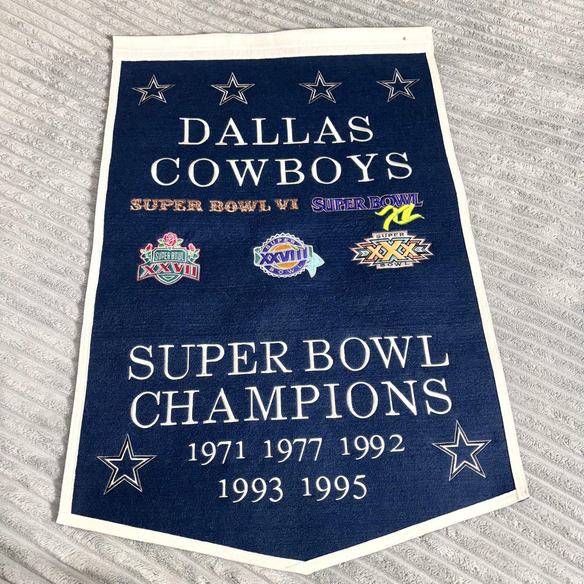 Vintage Dallas Cowboys NFL 24" x 38" Embroidered Wool Super Bowl Banner WinStreak
