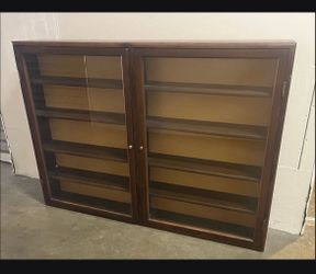 Vintage Mid Century Solid Wood Glass Door Display Case / Wall Cabinet with Key Lock