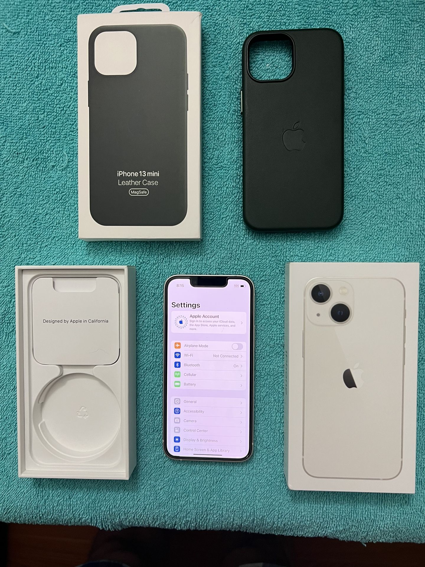 Unlocked Apple iPhone 13 Mini, Starlight, 128GB with Apple Leather MagSafe Case