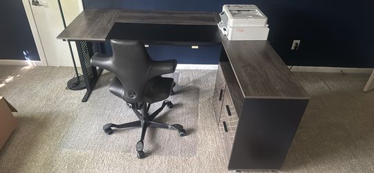 Home Office Bundle – L-Shaped Desk w/ Filing Cabinet, HAG Capisco Chair & Laser Printer