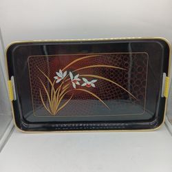 Vintage Japanese Floral Lacquer Decorative 70s Serving Tray Black And Gold Decor