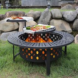 275 OutVue 42 Inch Fire Pit with 2 Grills, Extra Large Wood Burning Fire Pits for Outside with Lid & Poker, Heavy Duty Firepit,BBQ& Outdoor Firepit &