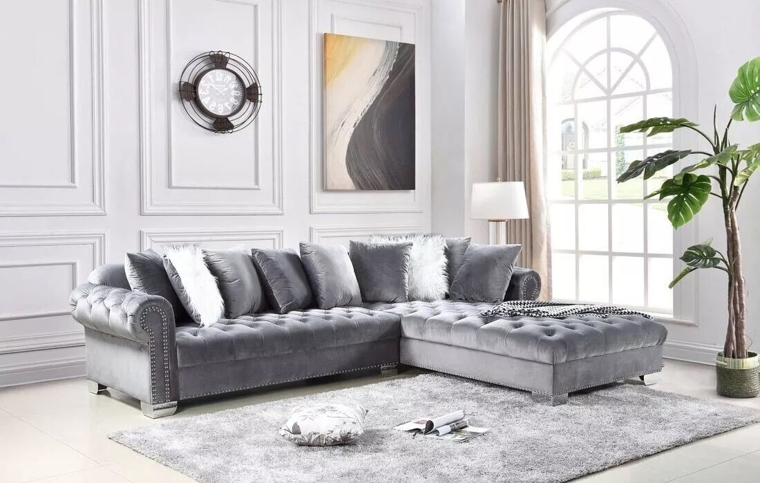 Grey Velvet L-Shaped Sectional
