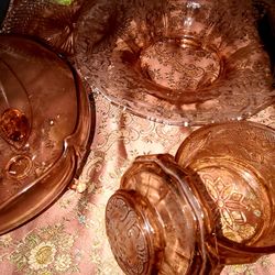 Pink Depression Glass Antique Set Vintage Bowls Bell Glassware  Fenton