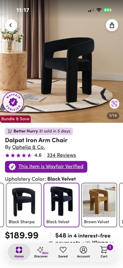 New Dalpat Iron Black Velvet Arm Chairs - Set of 2, Very Comfortable, Pick up in Carmichael