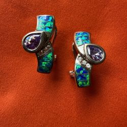 Beautiful 925 Silver Earrings With Opal Amethyst And Diamonds Even More Beautiful In Person
