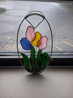 VINTAGE STAINED FLOWERS BEAUTIFUL 1 FT TALL WALL HANGING