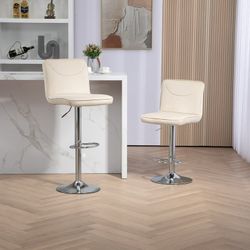 Set of 2 - Beige Velvet Swivel Bar Stools with Adjustable Chrome Stand [NEW]