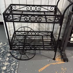 Vintage-Style Black Metal Wagon Wheel Bar Cart / Plant Stand – 2 Tier 
