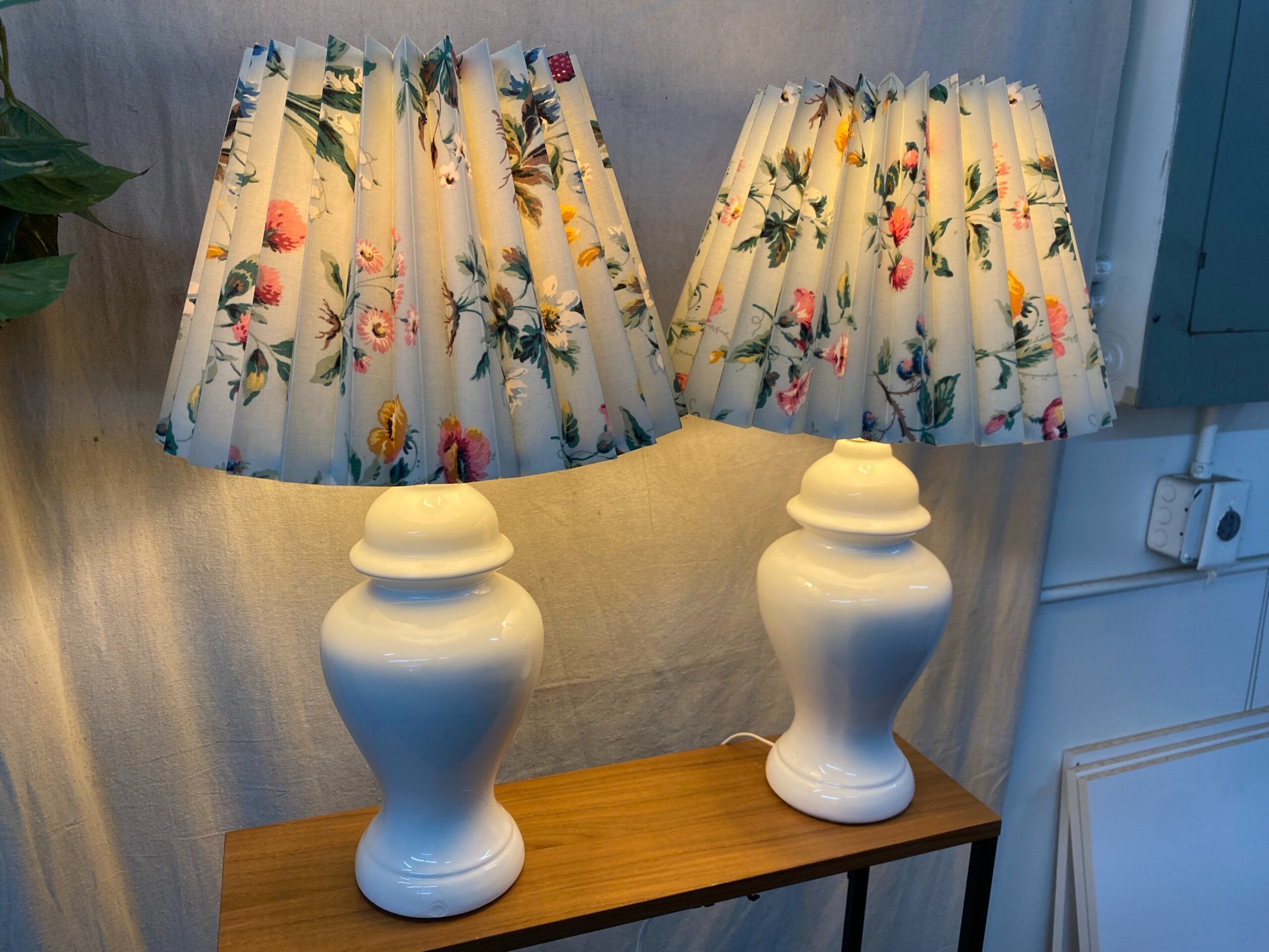 White Porcelain Table Lamps w/ Blue Floral Shades (Set of 2)