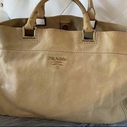 Authentic Vintage Prada Distressed Leather Tote – Beige/Cream