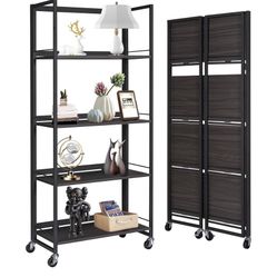 New Folding Bookshelf Storage Rack Shelves with Castors 4 Tiers Vintage Bookcase Standing Racks Multifunctional Plant Flower Stand Study Organizer for