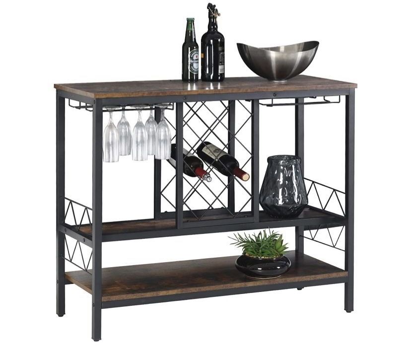 Wine Rack Table with Glass Holder Vintage Industrial Wine Bar Cabinet Free Stand