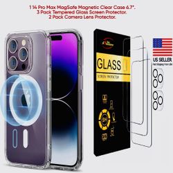 High Quality 1 14 Pro Max MagSafe Magnetic Clear Case 6.7 inch + 3 Pack Tempered Glass Screen Protector + 2 Pack Camera Lens Protector.