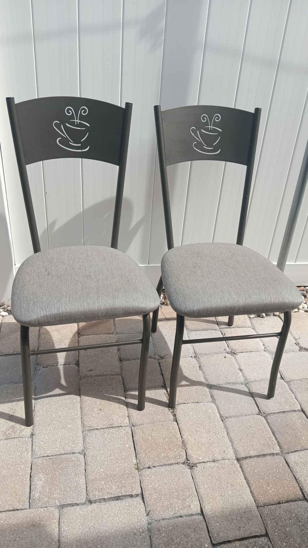 Pair of 2 silver grey coffee back metal restaurant style dining chairs