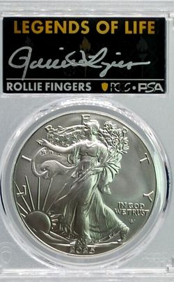 2025 $1 Silver Eagle PCGS MS70 First Strike Signed By Rollie Fingers #281