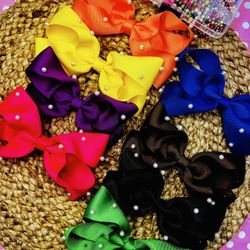 Rainbow Hair Bows with Pearls - Set of 8 Colorful Grosgrain Ribbon Bows for Girl