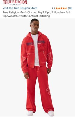 True Religion Men's Cinched Big T Zip UP Hoodie – Full Zip Sweatshirt with Contrast Stitching