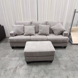 Light Grey Woven Fabric Three-Seat Couch with Storage Ottoman