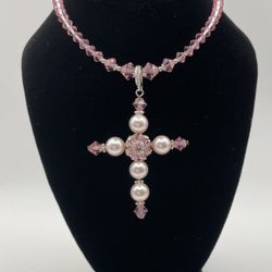 17-18” pink beaded cross necklace