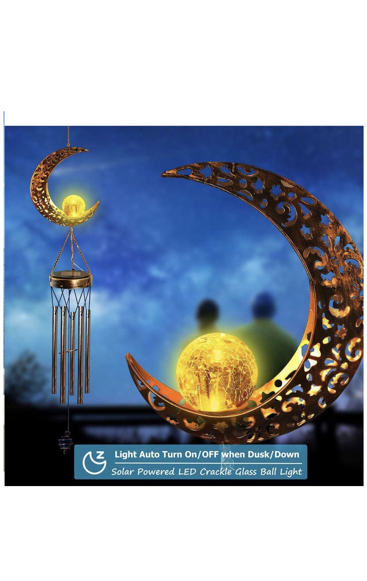 Solar Wind Chimes for Outside, Memorial Wind Chimes with Moon Crackle Glass Ball Warm LED Light, Sympathy Wind Chimes with Metal Tubes Waterproof Uniq