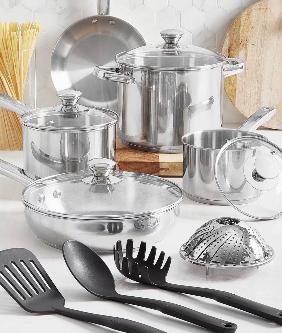 Tools Of The Trade 13 pc Stainless Steel Cookware Set w/Glass Lids