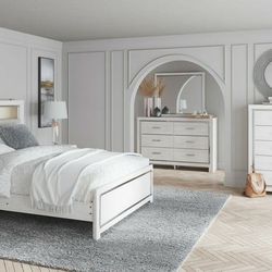 Altyra White LED Bookcase Upholstered Panel Bedroom Set

