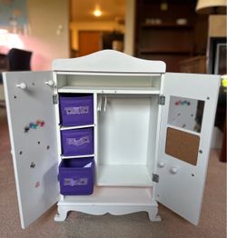White Wooden Doll Armoire with Storage Bins