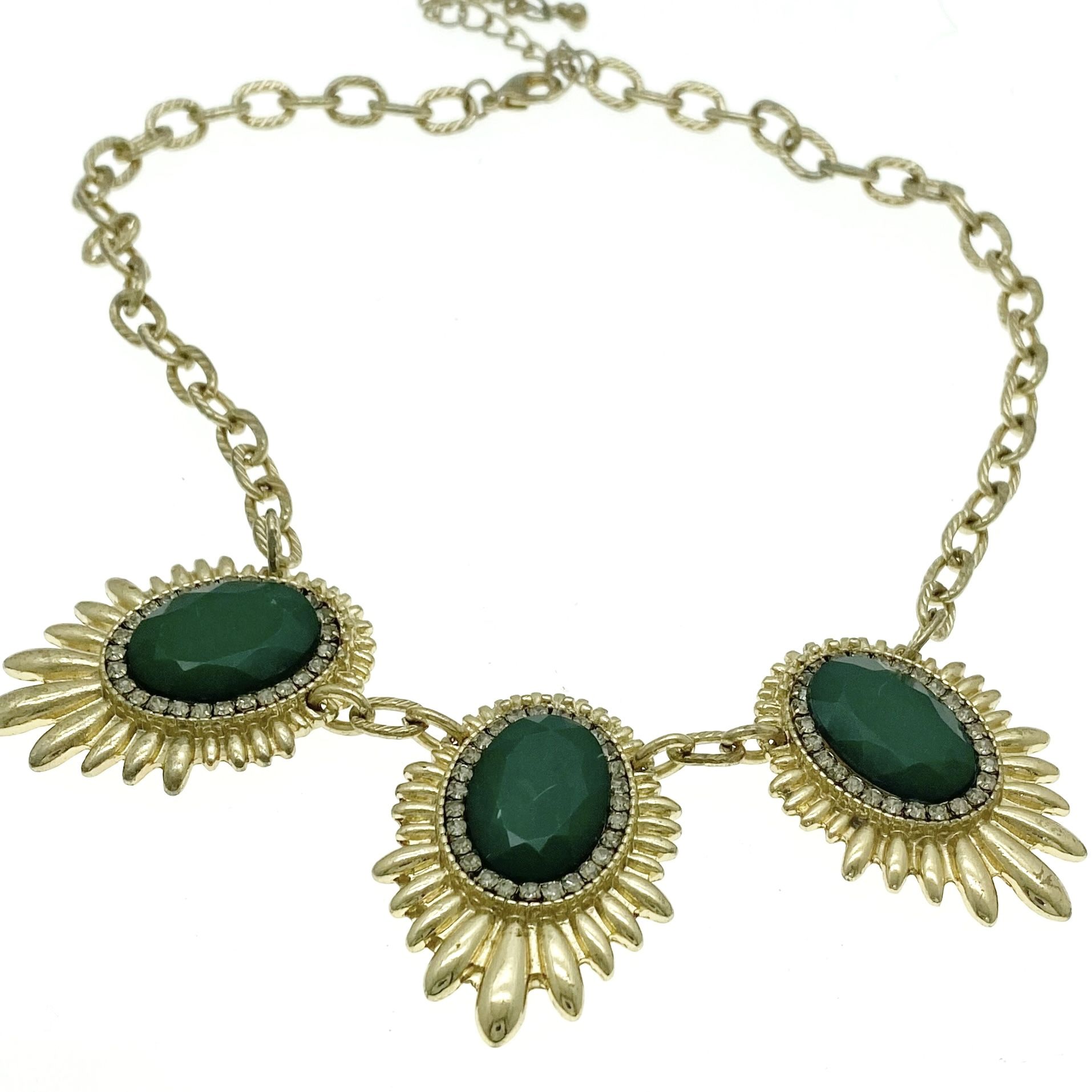 Gold Tone Statement Necklace Rhinestones Faux Green Faceted Stones