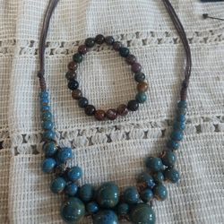 New Boho Dusty Blue Ceramic Beaded Statement Adjustable Necklace & Bracelet 