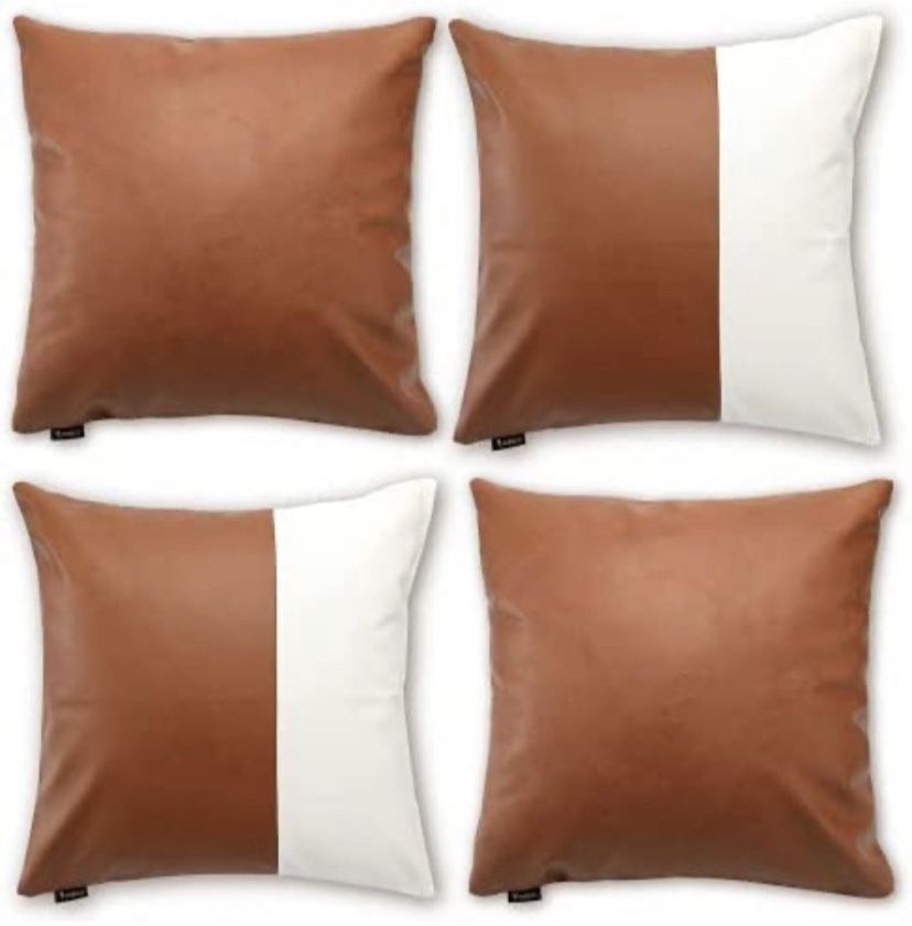  Faux Leather Pillow Cover Set of 4PCS Decorative Leather Pillow Covers 18x18 Boho Throw Pillow Covers Brown and Cream Leather Pillow Farmhouse Pillow