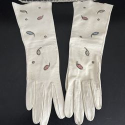 Vintage White Lidskin Buttery Long Leather Gloves with beaded embroidered detail on front.