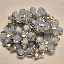 Vintage Floral Light Blue And Rhinestone Brooch Pin Silvertone  Signed Coro