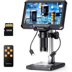 Digital Microscope 7-Inch IPS Screen - 10X-1200X Magnification, 2 Gooseneck Lights, 32GB SD Card, Remote Control & Adjustable Stand