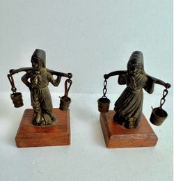 Vintage Brass Dutch Boy & Girl Figurines Carrying Buckets on Wooden Bases